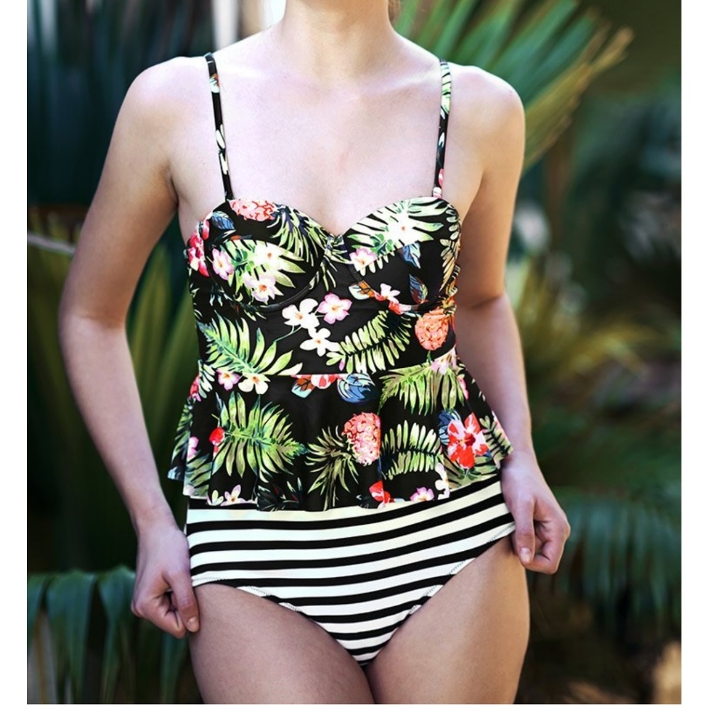 Cupshe black floral Flounce tankini